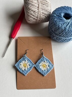 Hand Crafted Blue and White Daisy Crochet Earrings